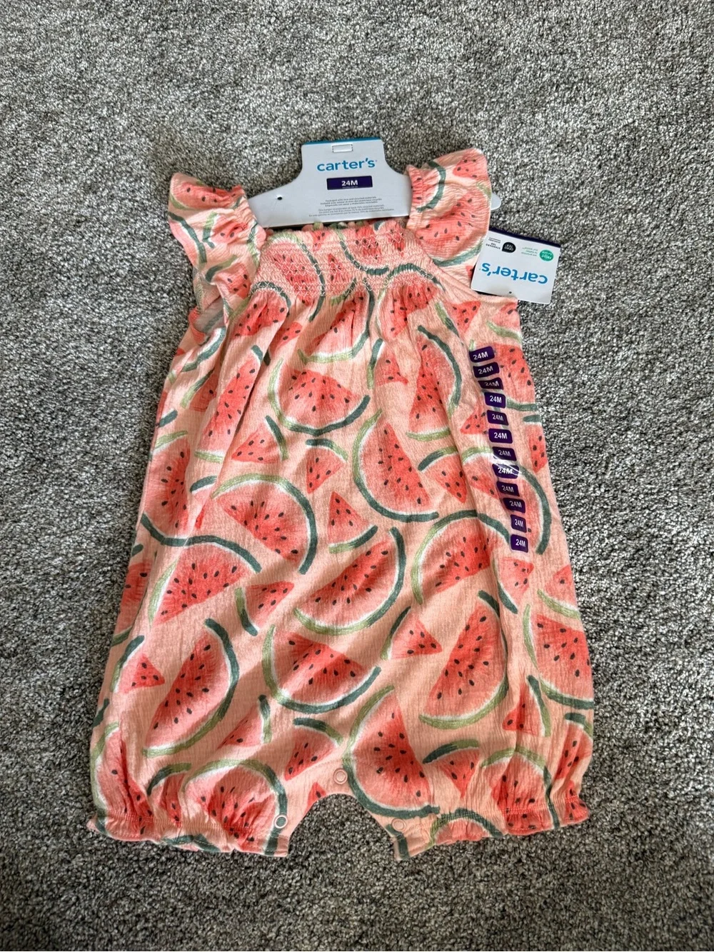 New with tags- Carter's Peachy Pink Watermelon Print Baby Romper, size 24 months